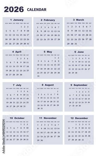 2026年の年間カレンダー　日曜日始まり