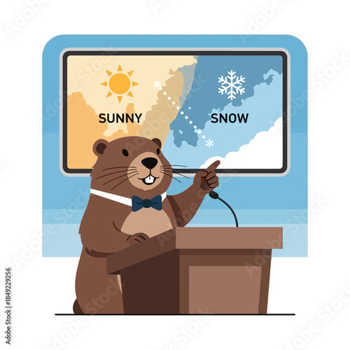 Groundhog presents weather forecast on sunny and snowy regions on a screen at a podium f (5)