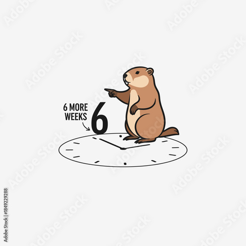 An illustration of a brown groundhog pointing at a clock with six weeks indicated on it.
