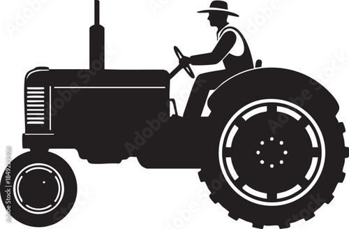 Farmer Driving Classic Open Cab Tractor Profile Silhouettes isolated on white background
