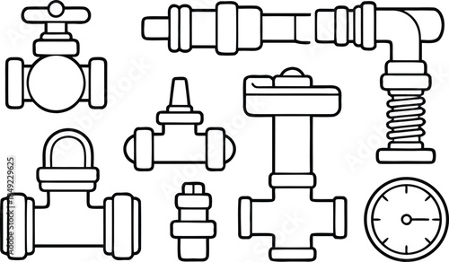 Plumbing system components and tools icons including pipes, valves, and gauge for water systems
