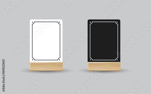 Menu Card table holder stand mockup. Paper flyer mock up template. Event promotion wooden frame. Restaurant label. Vector