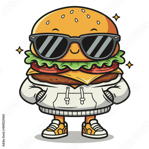Cool Burger Character Wearing Sunglasses and Hoodie Vector Art