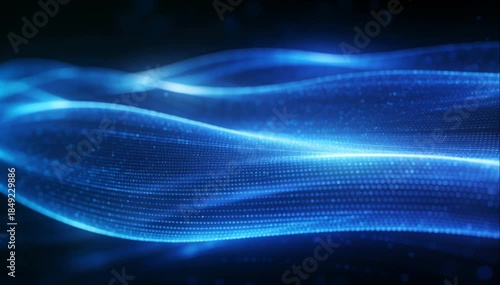 Abstract digital technology background with glowing blue light waves and particle data streams representing high speed fiber optic network connectivity and futuristic cyber space