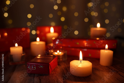 cozy and warm candlelit scene with soft ambient glow, festive wrapped gifts, and a background of bokeh lights creating a peaceful and festive atmosphere on wooden surface, tranquility, dim, romantic