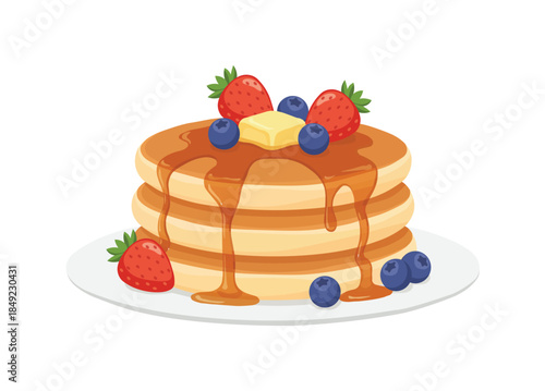 Pancakes with Fresh Berries Flat Vector