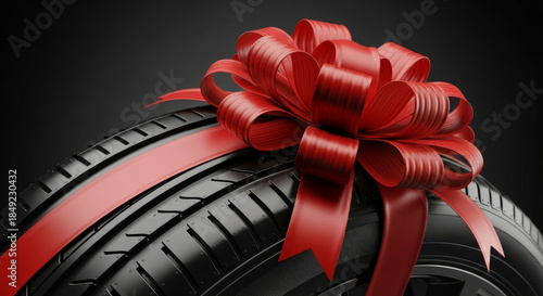 Car tire with red ribbon bow gift concept for automotive sale or christmas surprise present