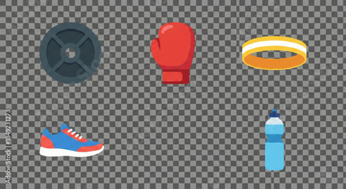 Set of sports equipment and fitness accessories on a transparent background for digital design