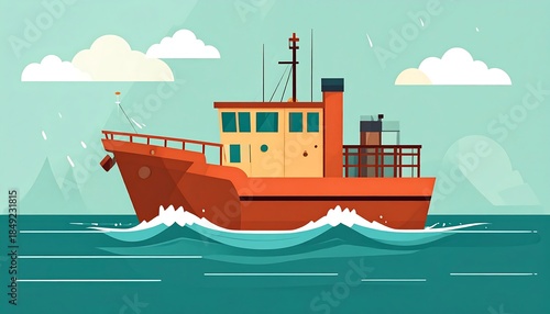 A red ship sails on a blue sea with white clouds. Mountains are on the horizon in this cartoon style
