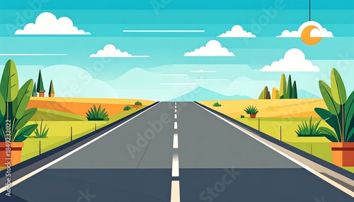 A road leading to distant mountains under a bright sky