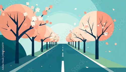 A road stretches into the distance framed by blooming trees under a pastel sky, creating a calming scene