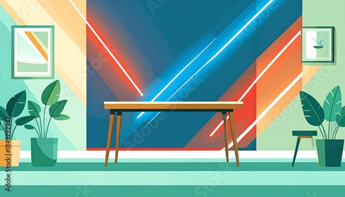 A room featuring plants, a table, art, and neon lights against a wall with geometric color blocks