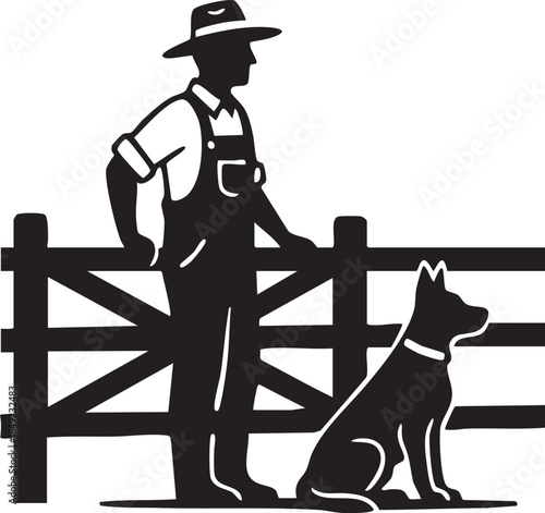 Farmer Leaning on Fence Gate with Dog Rural Life Silhouettes isolated on white background