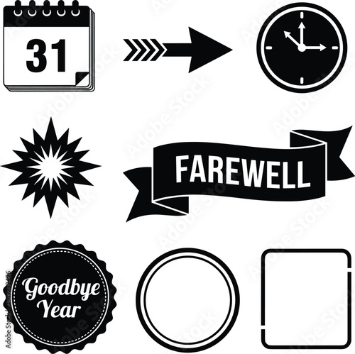 New Year farewell and goodbye concept with calendar clock and banners