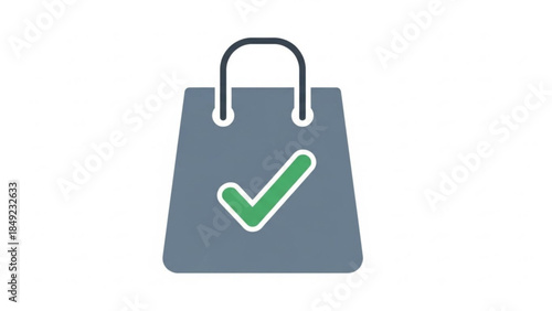 Grey Shopping Bag with Green Checkmark Icon Isolated on White Background