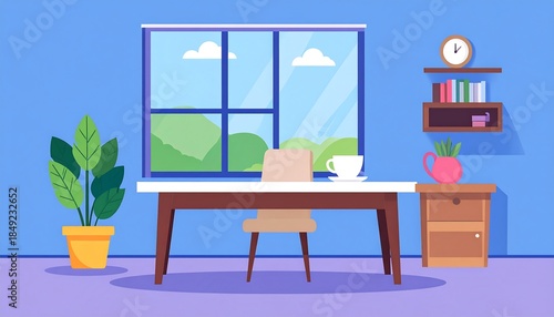 A room interior features a desk, chair, window, plant, shelf, and blue wall, creating a calm & cozy atmosphere