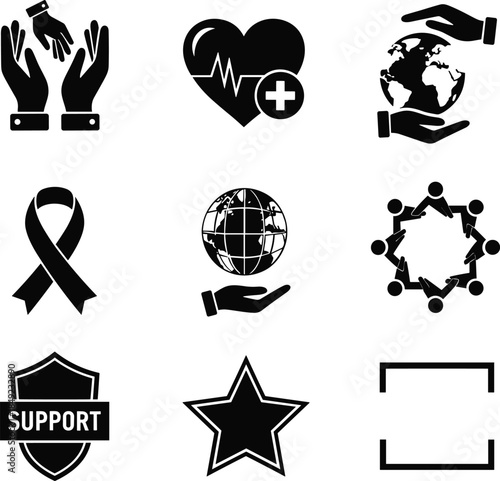 Set of modern black icons for support and care