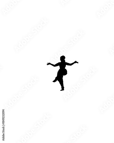 A person's black silhouette in dynamic pose, with one foot up and both arms open.