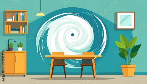 A room interior with furniture and a spiral vortex image on the wall; light, shadow, and potted plant