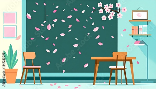 A room with pink petals falling in front of a dark wall, a desk and chairs, and decor on shelf