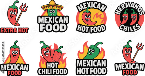 Fiery mexican food logos featuring cartoon hot peppers with flames and forks