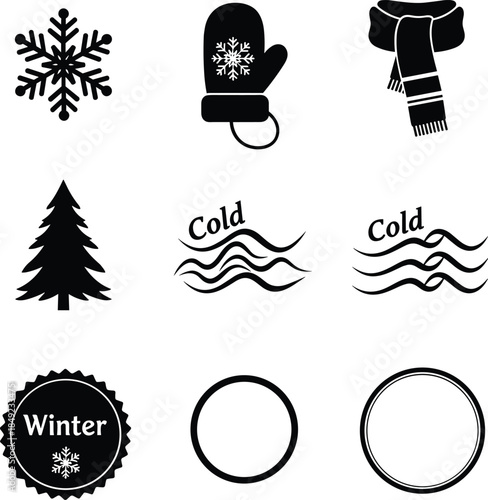 Winter icons set with snowflake, mittens, scarf, tree, cold waves, and frosty elements