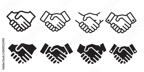 A collection of handshake icons illustrating partnership, agreement, and greeting concepts