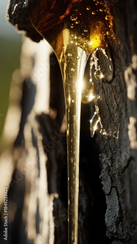 Close up of golden tree resin dripping on rough bark texture showing detail natural beauty and clarity
