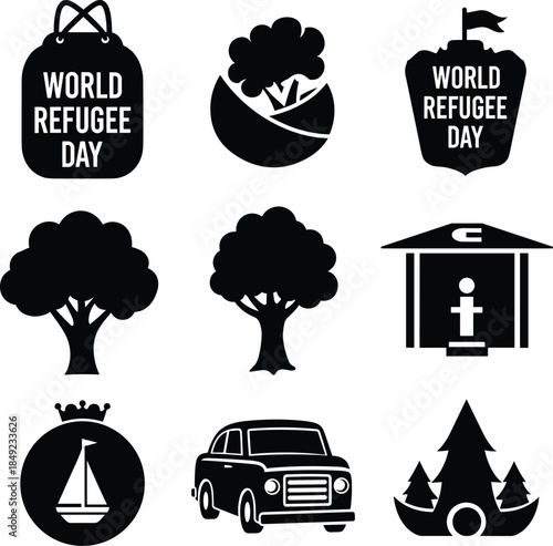World Refugee Day icons and symbols in black
