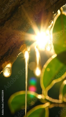 Close up of golden tree resin dripping with sunlight and green leaves in background for commercial use