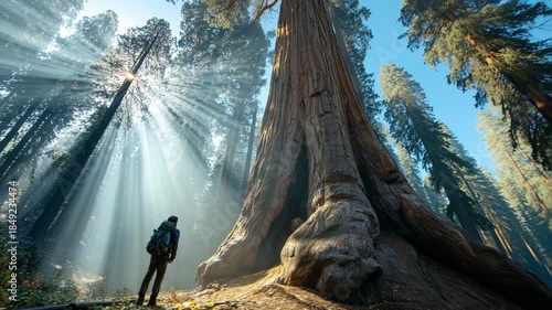 Ultra HD Hiker standing in awe before giant sequoia tree trunk with dramatic sun rays shining through the misty forest canopy video