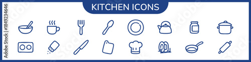 Kitchen and cooking line icons set in black, blue and light blue colors. Includes food, cookware and utensil symbols for UI UX, apps, recipes, menus and restaurant design