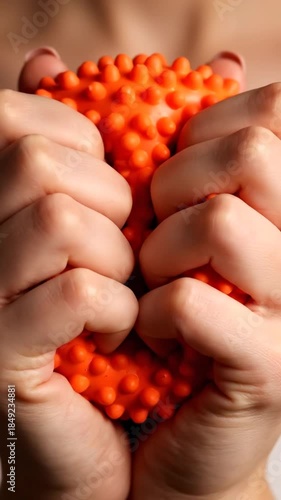 Close up of hands holding textured orange object neutral nails and skin tone studio lighting