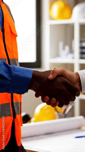 Close up of handshake between professionals in engineering office environment collaboration