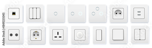 Realistic socket and switch. Interior wall outlets or electric connectors. Switches and sockets set Different square types. Vector