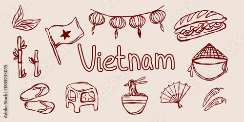 Hand drawn Vietnam travel elements set in doodle style. Collection of Vietnamese national flag, lanterns, street food, and noodles. Vector illustration.