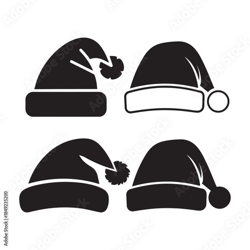 A collection of black silhouette icons representing various santa hats for christmas design