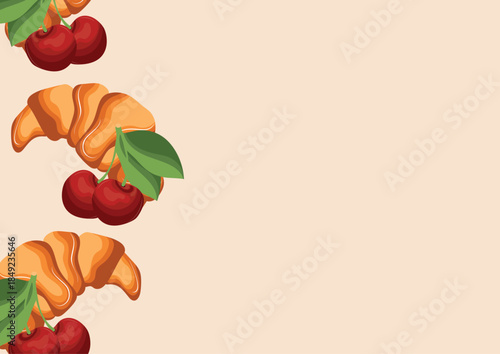 poster with baked croissants and cherry icons next to it, indicating the taste of the pastry, for menus and various food designs	