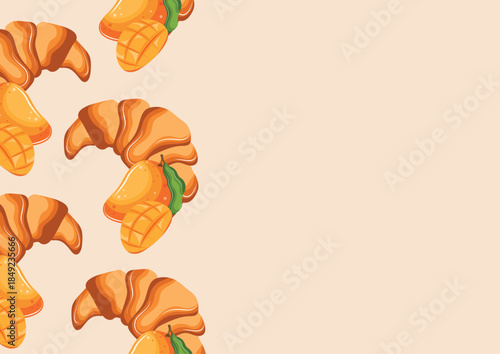 poster with baked croissants and ripe mangoes, denoting the taste of pastries, for menus and various food designs	