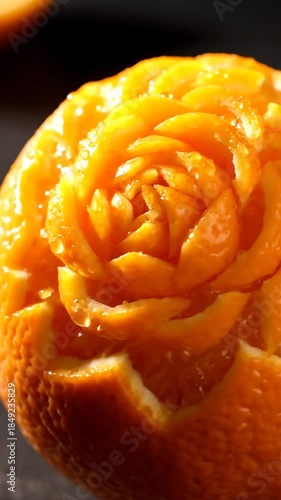Close up of intricately carved orange fruit in the shape of a rose with detail and texture