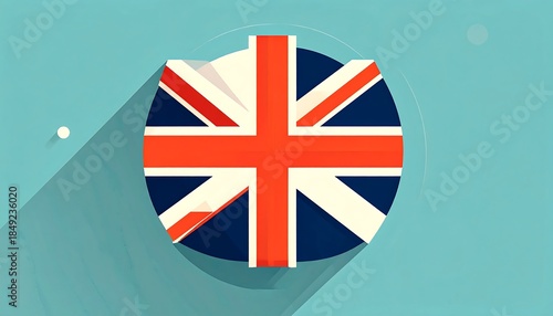 A stylized Union Jack graphic sits in a white circle, atop a teal background with a long shadow