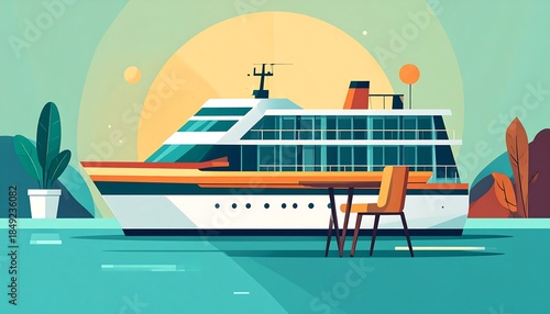 A stylized vector illustration depicts a large ship in calm waters, with a table and chair nearby
