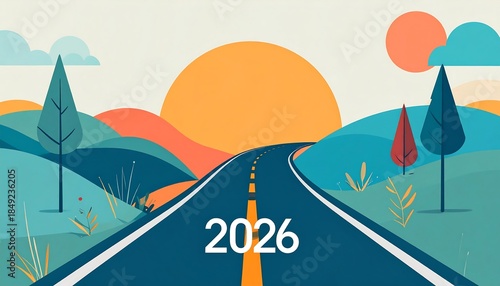 A stylized, vibrant, flat-design illustration of a road stretching into the distance, with rolling hills and a rising sun