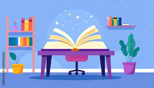 A stylized, vibrant room with an open book, desk, chair, shelves and plants against a blue background