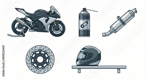 Vector collection of essential motorcycle parts and gear sport bike, safety helmet, brake disc, exhaust pipe, and maintenance spray illustration
