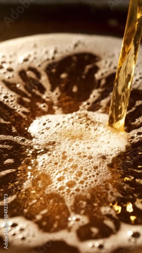 Close up of pouring liquid creating splash and drops dynamic movement of beverage with detail and texture