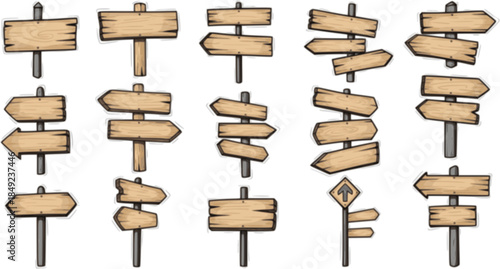 Hand drawn road sign. Doodle wooden signpost, sketch street direction pointer. Blank signboard with arrow vector isolates set

