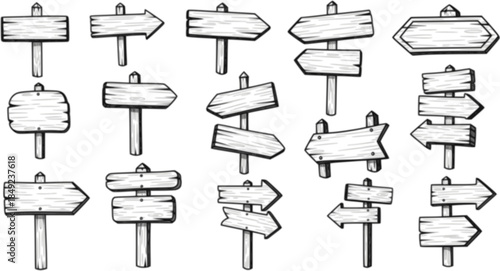 Hand drawn road sign. Doodle wooden signpost, sketch street direction pointer. Blank signboard with arrow vector isolates set
