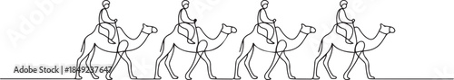 One continuous line drawing of people are riding camels in the desert as symbol for Hijrah. one line Art icon drawing