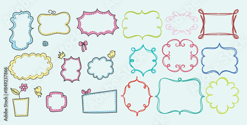 Cute Hand Drawn Decorative Frame Set, Pastel Cartoon Label Borders, Playful Doodle Frames for Kids, Colorful Nursery Illustration Elements, Whimsical Design Collection